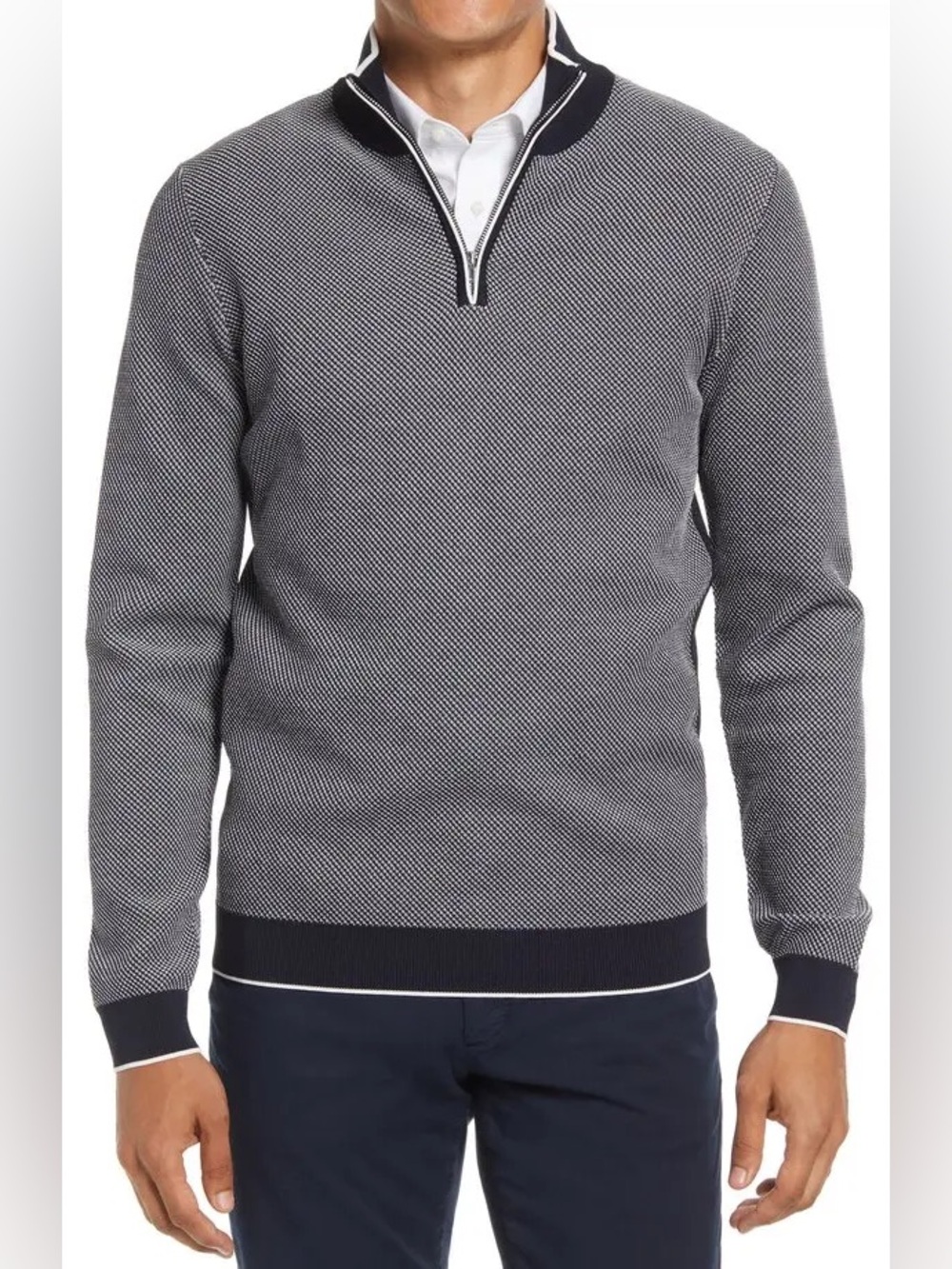 Reiss Navy and White Textured Quarter-Zip Sweater